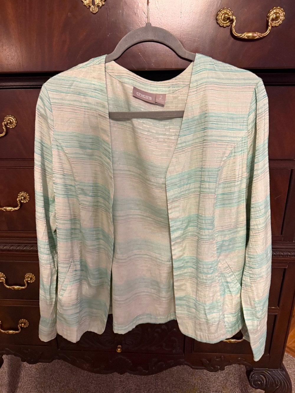 Chico's Striped Open-Front Cardigan in Mint and Cream